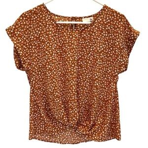 SO Juniors XS Twisted Front Blouse Top Scoopneck Keyhole Back Brown Pink Floral